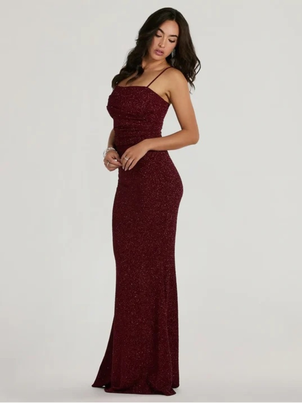 le chateau Sparkling Burgundy Maxi Dress with Spaghetti Straps